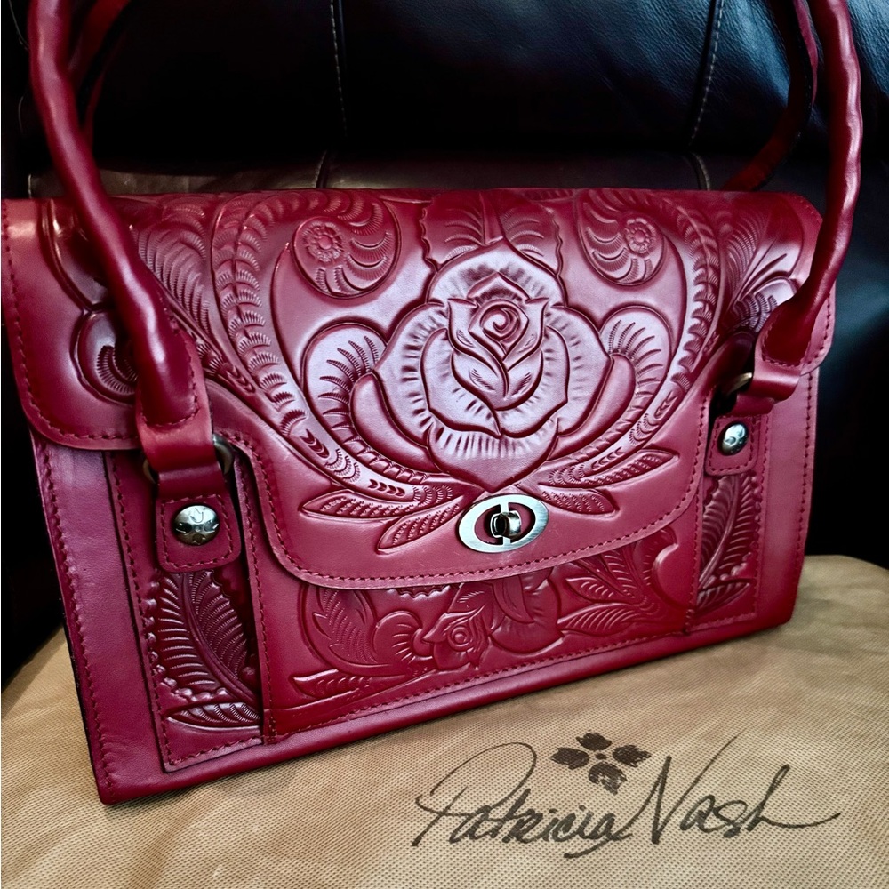 Patricia Nash Embossed Floral Leather Satchel in Deep Red